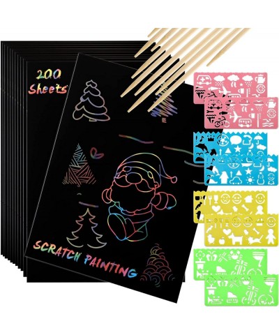 200 Pcs Scratch Paper Art Set Black Paper Rainbow Art with 10 Bamboo Stylus 8 Stencils Black Scratch Off Art Paper for Kids D...