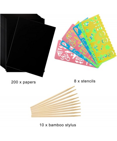 200 Pcs Scratch Paper Art Set Black Paper Rainbow Art with 10 Bamboo Stylus 8 Stencils Black Scratch Off Art Paper for Kids D...