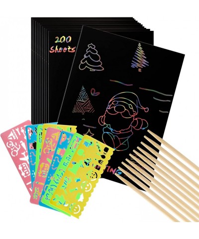 200 Pcs Scratch Paper Art Set Black Paper Rainbow Art with 10 Bamboo Stylus 8 Stencils Black Scratch Off Art Paper for Kids D...