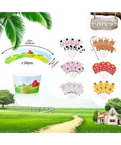 48 Pieces Farm Animal Theme Cupcake Topper and Wrappers Rustic Farmhouse Cupcake Picks Cup Wrapper for Farm Theme Party Birth...