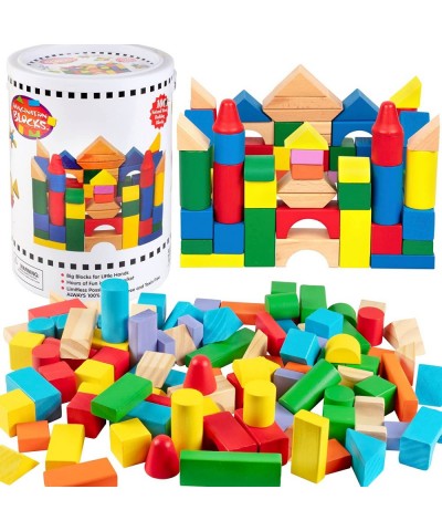 Wooden Blocks - 100 Pc Wood Building Block Set with Container (Rainbow Colored) - 100% Real Wood in 7 Colors and 14 Shapes - ...