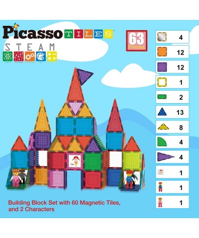 63 Piece Magnetic Blocks Magnet Building Block Brick Tiles 2 Character Figures 9 Tile Styles Construction Toy Set STEM Creati...