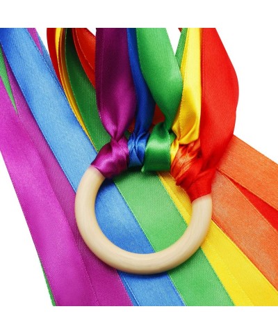 3 Pieces Rainbow Hand Kite Ribbon Runner Wrist Ribbons Ribbon Wind Wand Dancing Ribbon Streamer with Wood Ring Learning Educa...