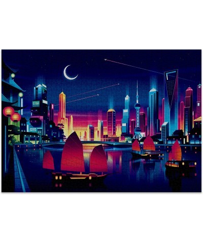 Skyline Puzzle | Bright Cityscape 1000-Piece Jigsaw Puzzles for Adults with Cool Neon Colors and Challenging Gradient Design ...