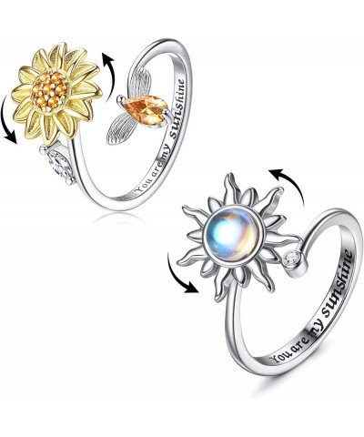 2 Pcs Sterling Silver Fidget Anxiety Rings for Women Sunflower Spinner Ring Adjustable Fidget Rings for Anxiety Relieving Str...