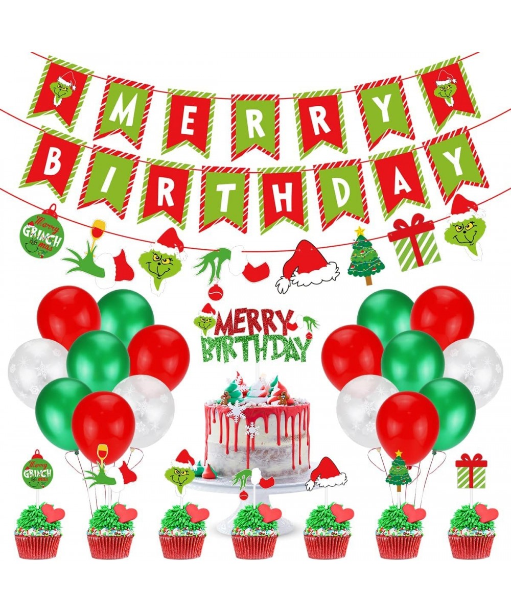 Grinchsmas Christmas Birthday Decorations Kit Red Green Merry Birthday Banner Birthday Cake Topper Snowflake Balloons for Chr...