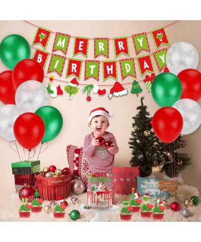 Grinchsmas Christmas Birthday Decorations Kit Red Green Merry Birthday Banner Birthday Cake Topper Snowflake Balloons for Chr...