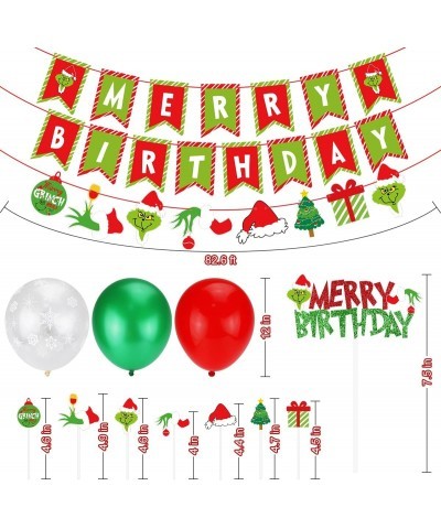 Grinchsmas Christmas Birthday Decorations Kit Red Green Merry Birthday Banner Birthday Cake Topper Snowflake Balloons for Chr...