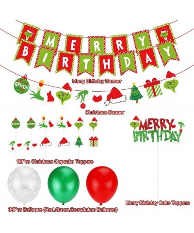 Grinchsmas Christmas Birthday Decorations Kit Red Green Merry Birthday Banner Birthday Cake Topper Snowflake Balloons for Chr...