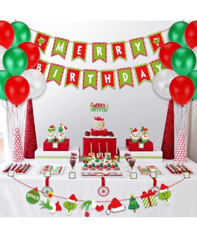 Grinchsmas Christmas Birthday Decorations Kit Red Green Merry Birthday Banner Birthday Cake Topper Snowflake Balloons for Chr...