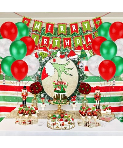 Grinchsmas Christmas Birthday Decorations Kit Red Green Merry Birthday Banner Birthday Cake Topper Snowflake Balloons for Chr...