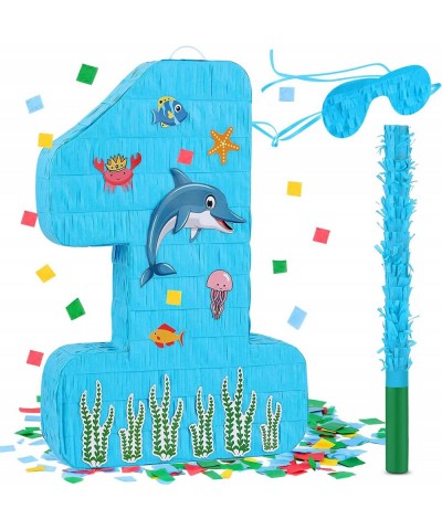 Blue Number 1 Pinata 1st Birthday Party Pinata Ocean Dolphin Pinata with a Blindfold and Bat for Boys Girls Birthday Annivers...