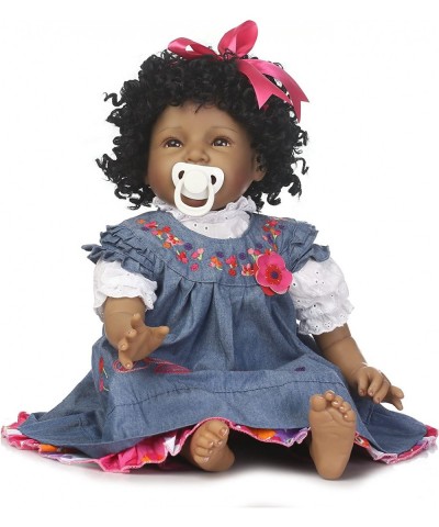 22" Reborn Baby Dolls Girls African American Soft Silicone Vinyl Newborn Realistic Handmade Weighted Baby Denim Dress Gift Se...