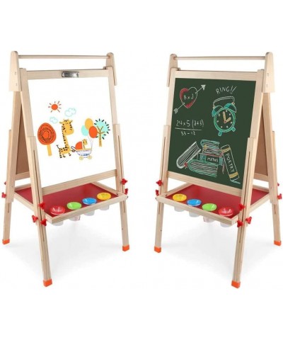 Kids Wooden Art Easel Double-Sided Whiteboard and Chalkboard Adjustable Standing Easel with Paper Roll Holder Letters and Num...