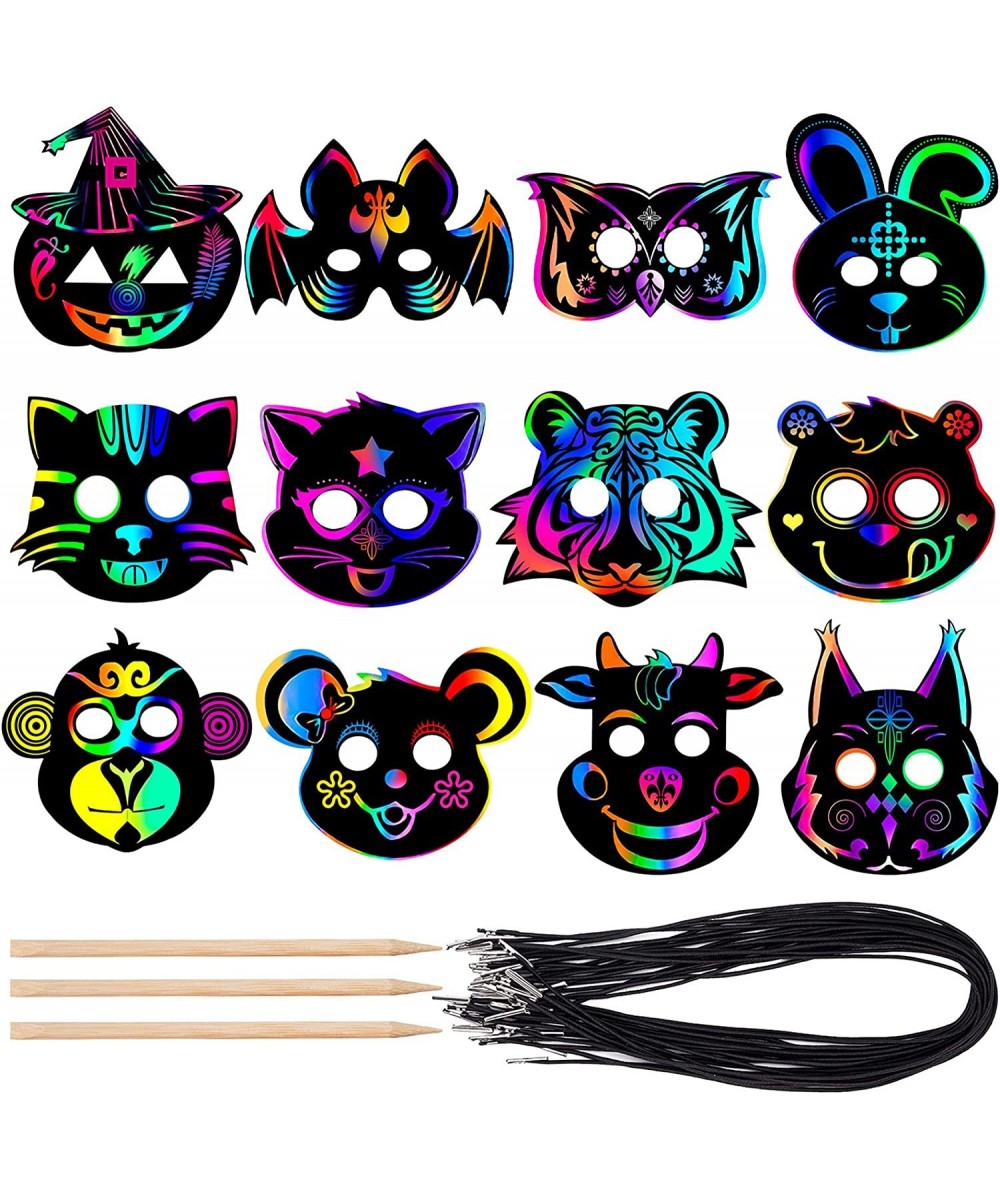 Halloween Mask Craft Kit for Kids DIY Rainbow Scratch Art Masks with 12 Elastic Bands and 3 Wood Stylus Halloween Scratch Pap...