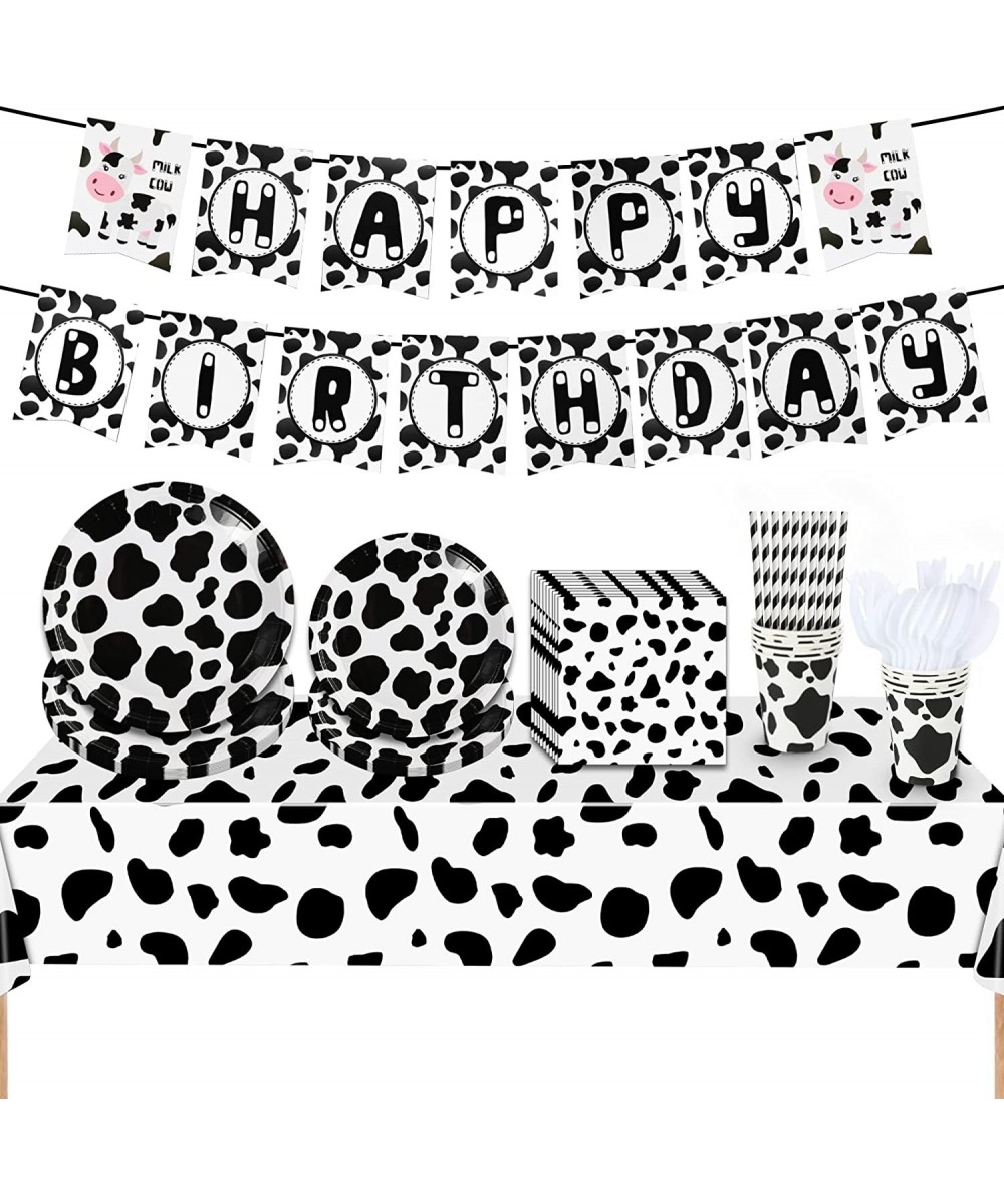 Cow Print Birthday Party Supplies Set Plates Napkins Knives Spoons Cups Straws Forks Table Cloth Happy Birthday Banner for Co...