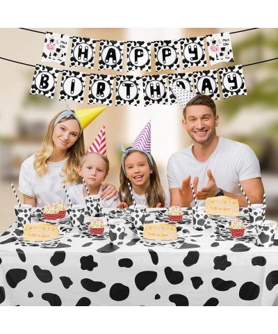 Cow Print Birthday Party Supplies Set Plates Napkins Knives Spoons Cups Straws Forks Table Cloth Happy Birthday Banner for Co...