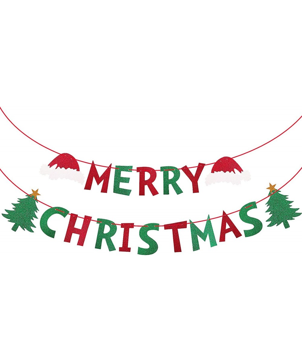 Glittery Merry Christmas Banner Red & Green Christmas Banner Bunting Pennant Banner for Party Decoration Christmas Hat Christ...