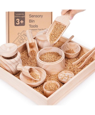 Sensory Bin Tools with Wooden Box Montessori Toys for Toddlers Sensory Toys Set of 12 Wooden Scoops and Wooden Tongs for Tran...