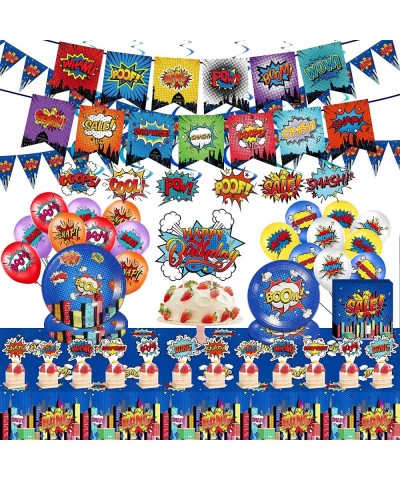 Superhero Birthday Party Supplies Set Plates Napkins Knives Spoons Forks Table Cloth 12 inch Balloons Happy Birthday Banner f...