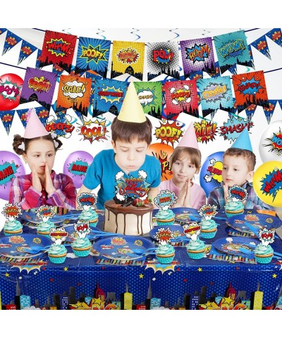 Superhero Birthday Party Supplies Set Plates Napkins Knives Spoons Forks Table Cloth 12 inch Balloons Happy Birthday Banner f...