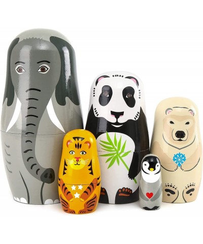 5pcs Beautiful Handmade Wooden Animal Nesting Dolls Elephant Panda Nesting Dolls Gift Russian Nesting Wishing Dolls Matryoshk...