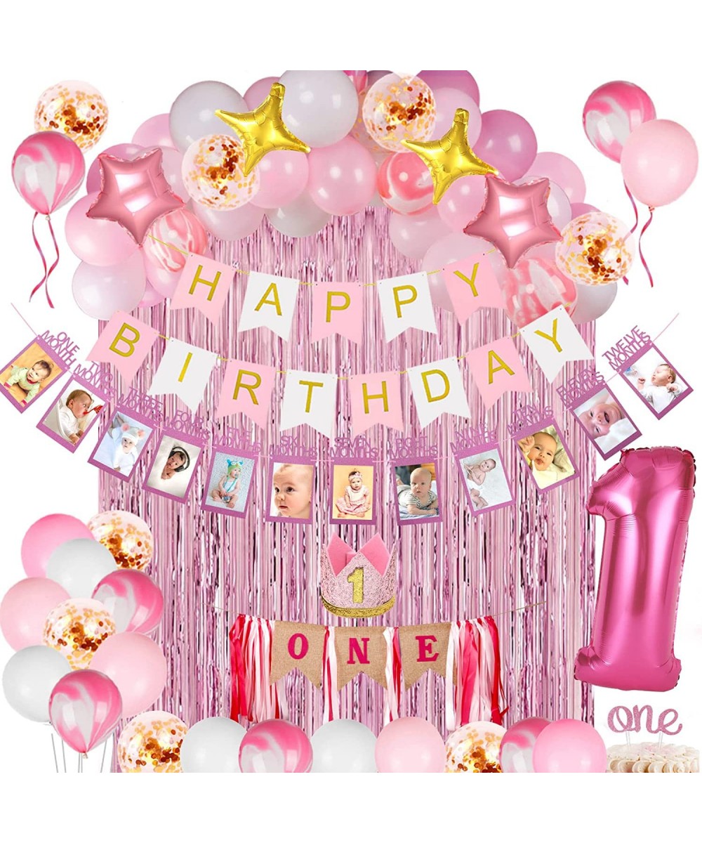 Girl 1st Birthday Decorations 66PCS Pink 1st Birthday Decorations for Girls with 12 Months Photo Banner 1st Birthday Baby Cro...