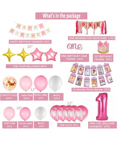 Girl 1st Birthday Decorations 66PCS Pink 1st Birthday Decorations for Girls with 12 Months Photo Banner 1st Birthday Baby Cro...