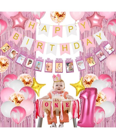 Girl 1st Birthday Decorations 66PCS Pink 1st Birthday Decorations for Girls with 12 Months Photo Banner 1st Birthday Baby Cro...