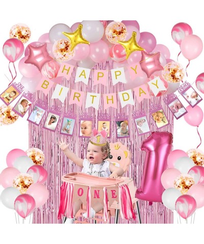 Girl 1st Birthday Decorations 66PCS Pink 1st Birthday Decorations for Girls with 12 Months Photo Banner 1st Birthday Baby Cro...