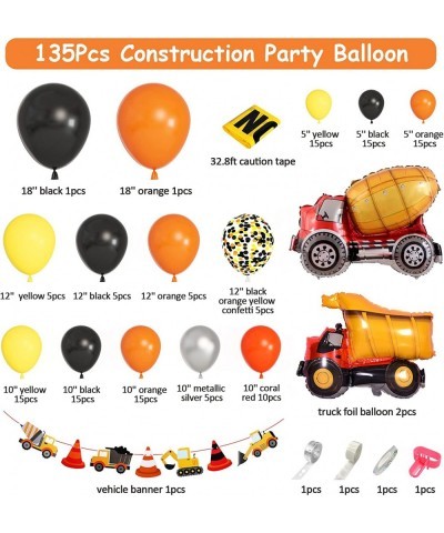 135Pcs Construction Party Balloon Garland Kit Construction Birthday Party Supplies with Orange Black Yellow Truck Foil Balloo...