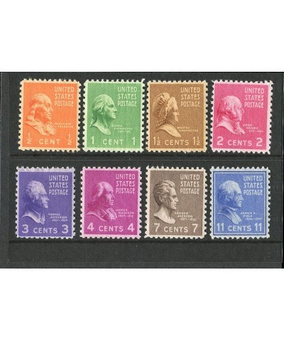 PREXIE MIX ~ 8 STAMPS FROM THE 1938 PRESIDENTIAL SERIES ~ BENJAMIN FRANKLIN ~ GEORGE WASHINGTON ~ MARTHA WASHINGTON~~ JOHN AD...