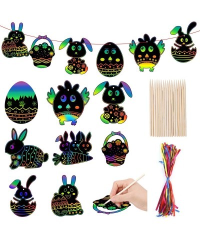 Easter Crafts Kit for Kids- 64Pcs Scratch Art Rainbow Scratch Paper - 8 Shapes Hanging Ornaments Tags Easter Toy for Boys and...