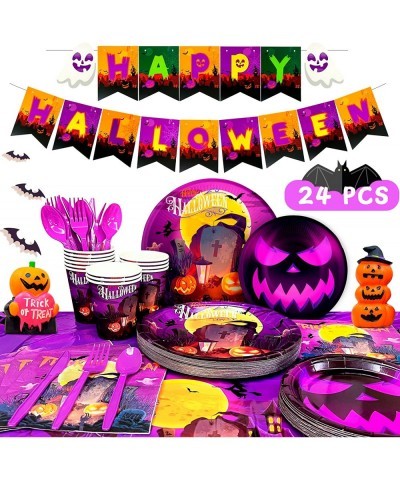 185 Pcs Halloween Witch Party Supplies Tableware Set-Happy Birthday Halloween Plates Cups Napkins Tablecloth Spoons Forks Kni...