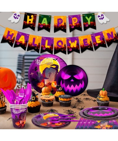 185 Pcs Halloween Witch Party Supplies Tableware Set-Happy Birthday Halloween Plates Cups Napkins Tablecloth Spoons Forks Kni...