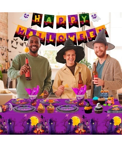 185 Pcs Halloween Witch Party Supplies Tableware Set-Happy Birthday Halloween Plates Cups Napkins Tablecloth Spoons Forks Kni...