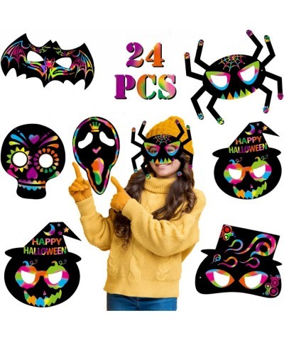 24 Pack Magic Scratch Paper Art Masks Set for Kids Rainbow Painting DIY Crafts Black Supplies Coloring Kits for Halloween Bir...