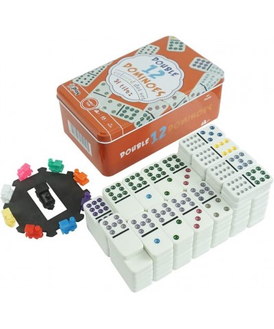 Double 12 Dominoes Set - Classic Colored Dot Set - Mexcian Train Game with Plastic Pieces 91 Tiles and Durable in Tin Case fo...