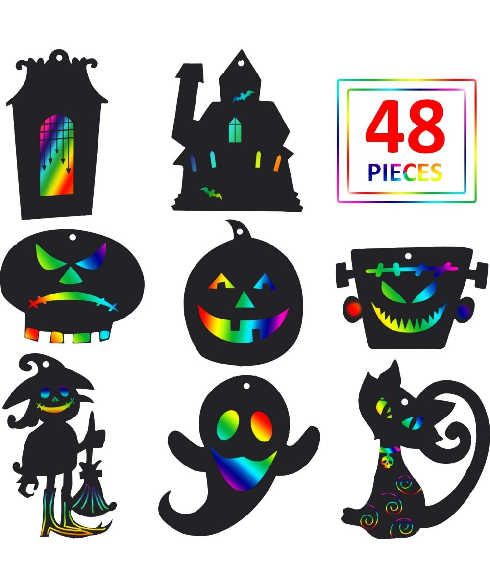 48 Pieces Halloween Scratch Paper Rainbow Witch Pumpkin Scratch Crafts Kit Halloween Hanging Ornaments Art with Wooden Stick ...