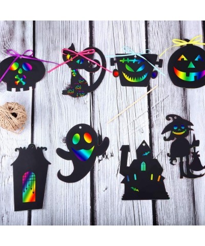 48 Pieces Halloween Scratch Paper Rainbow Witch Pumpkin Scratch Crafts Kit Halloween Hanging Ornaments Art with Wooden Stick ...