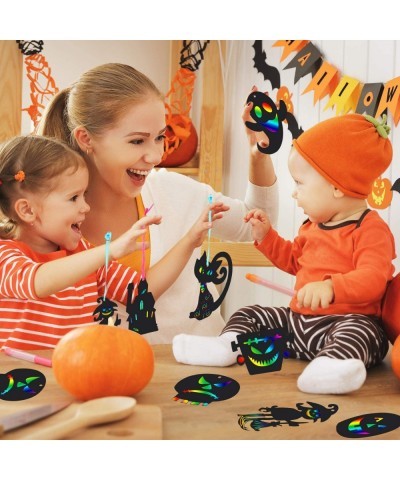 48 Pieces Halloween Scratch Paper Rainbow Witch Pumpkin Scratch Crafts Kit Halloween Hanging Ornaments Art with Wooden Stick ...