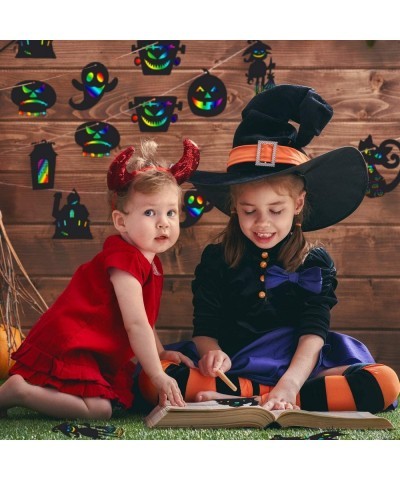 48 Pieces Halloween Scratch Paper Rainbow Witch Pumpkin Scratch Crafts Kit Halloween Hanging Ornaments Art with Wooden Stick ...