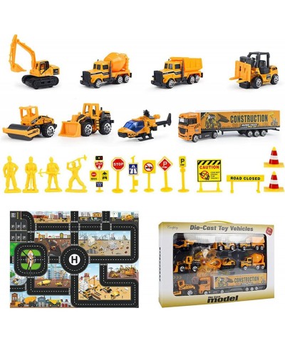 Small Diecast Construction Vehicle Toy Truck w/ Play Mat Road Signs - 23 Pcs Mini Forklift Bulldozer Excavator Mixer Dump Tru...