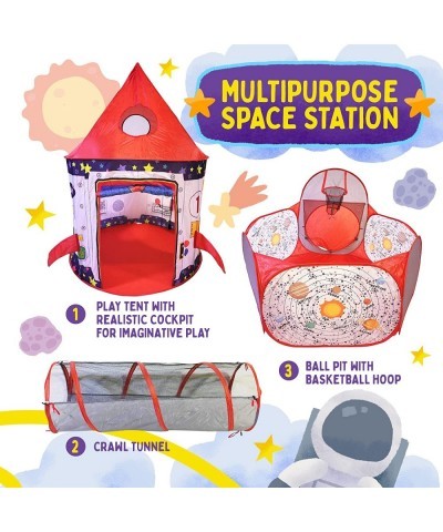 3pc Rocket Ship Astronaut Kids Play Tent Tunnel & Ball Pit with Basketball Hoop Toys for Boys Girls Babies and Toddlers - STE...