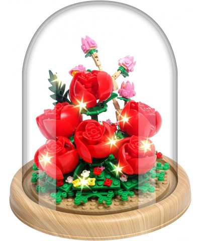 Roses Creative Bonsai Tree Building Bricks Romantic Immortal Rose Building Blocks with a Transparent Display Glass Cover Exqu...