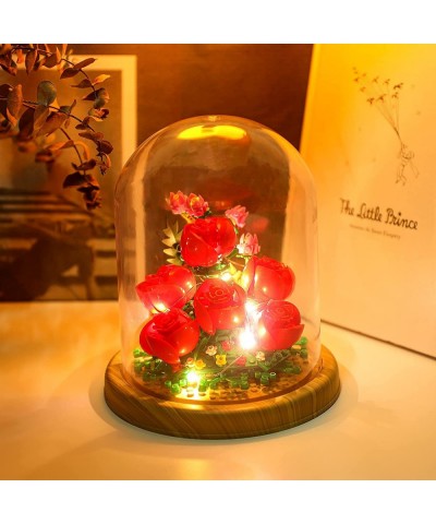 Roses Creative Bonsai Tree Building Bricks Romantic Immortal Rose Building Blocks with a Transparent Display Glass Cover Exqu...