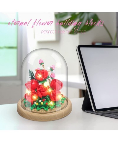 Roses Creative Bonsai Tree Building Bricks Romantic Immortal Rose Building Blocks with a Transparent Display Glass Cover Exqu...