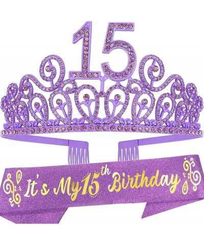 15th Birthday Sash and Tiara for Girls - Fabulous Set: Glitter Sash + Ripples Rhinestone Purple Premium Metal Tiara 15th Birt...