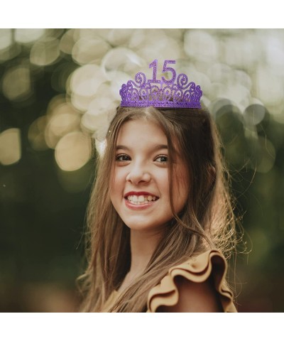 15th Birthday Sash and Tiara for Girls - Fabulous Set: Glitter Sash + Ripples Rhinestone Purple Premium Metal Tiara 15th Birt...