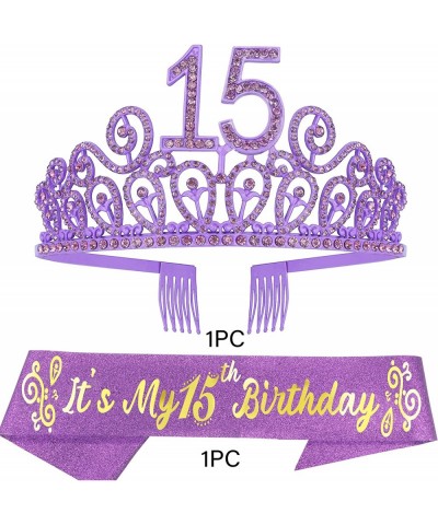 15th Birthday Sash and Tiara for Girls - Fabulous Set: Glitter Sash + Ripples Rhinestone Purple Premium Metal Tiara 15th Birt...